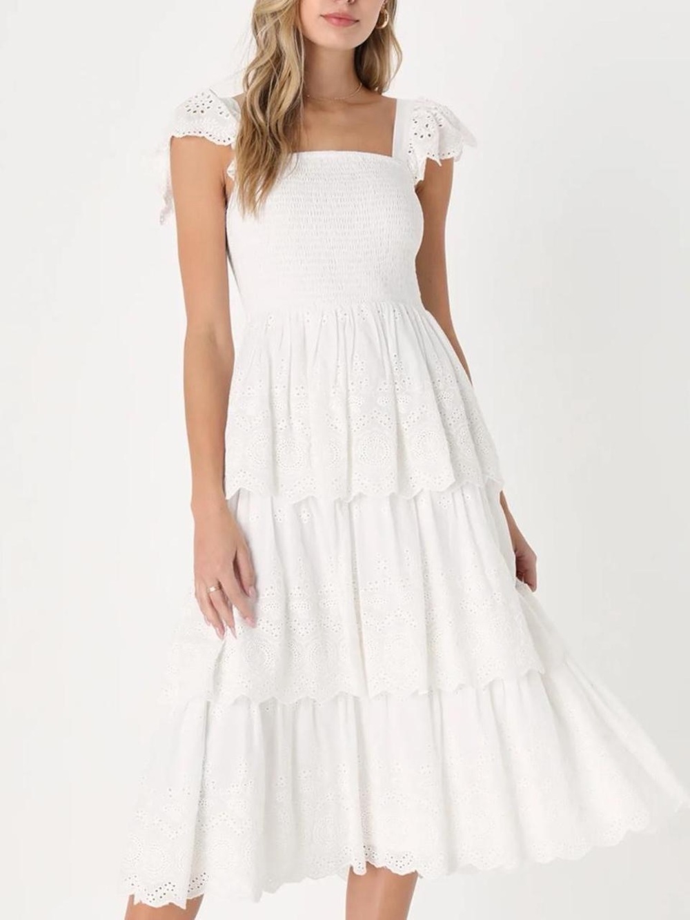 Lulu's White Eyelet Tiered Maxi Dress with Smocked Bodice